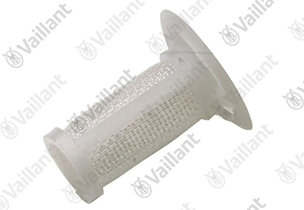 Vaillant Wassersieb aus transparentem Material mit feiner Maschenstruktur und einem Flansch zur Befestigung, eingesetzt zur Filterung von Wasser.